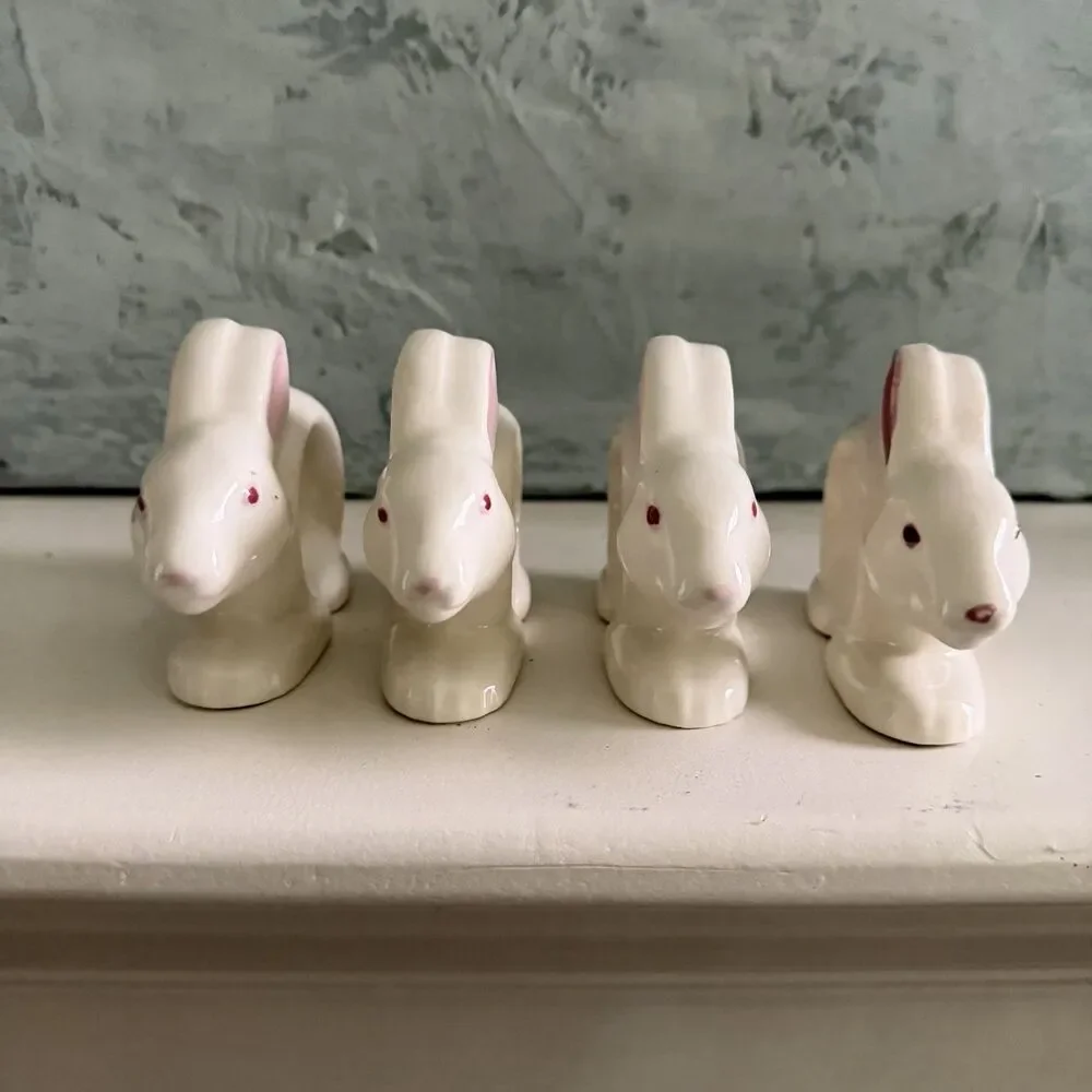 Vintage Japan White Bunny Rabbit Napkin Rings Ceramic Porcelain Easter Set Of 4